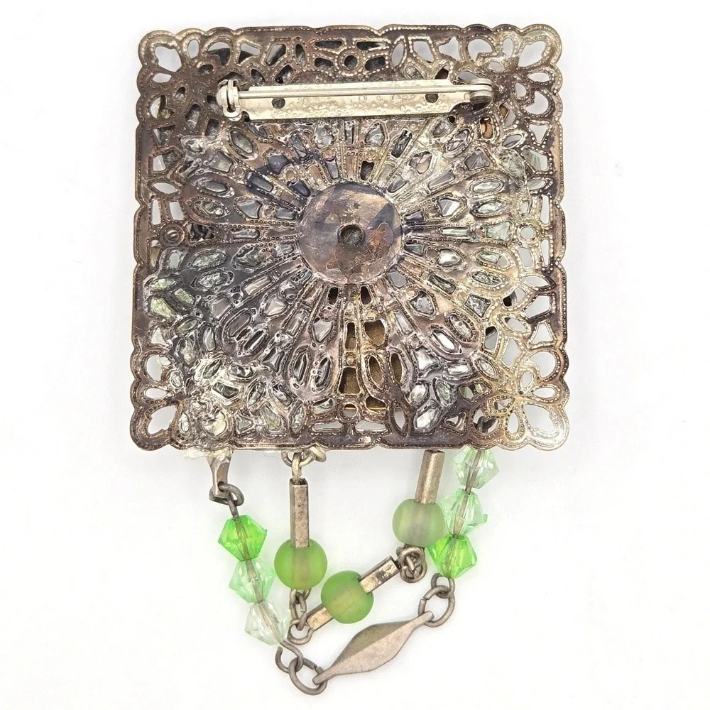 Mixed Metal Assemblage Brooch Cherub Heart Playing Cards Green Glass Bead Dangle